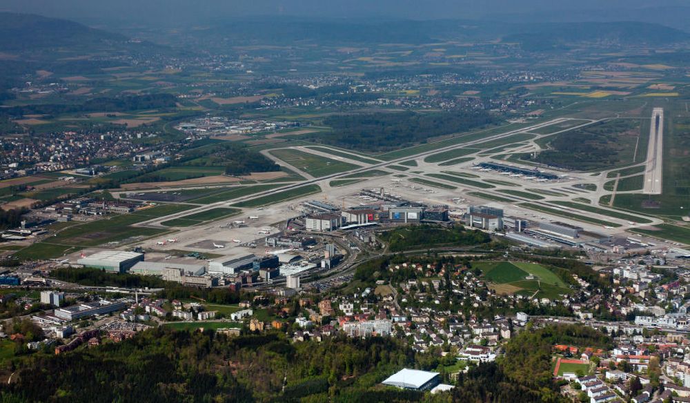 Zürich from above - View at the airfield; starting and landing runways of Zürich airport, which was opened in 1948