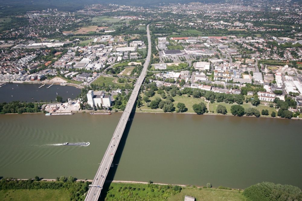 Wiesbaden Schierstein Biebrich from above - The Schiersteiner Bruecke is a four-lane motorway bridge the A 643. It spans between Schierstein and Mombach the Rhine. The further course of the A643 runs along the industrial and commercial areas of the city parts Schierstein and Biebrich Wiesbaden in Hesse