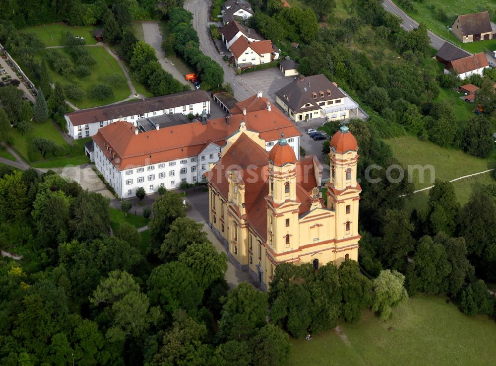 Aerial image Ellwangen - The Schoenberg Church, also known as Sanctuary to Our Lady, is an important church in the region. In 1682 the foundation stone for the church was laid by Johann Christoph von Freyberg. She served as a template for many other important churches of the Baroque. 1709, the church burned completely off after a lightning strike. Today the premises of the church be used as a meeting house