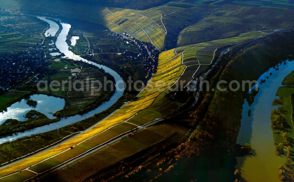 Volkach from above - The horseshoe bend of the river Main in the Escherndorf part of the city of Volkach in the state of Bavaria. The river runs through the landscape and encloses Escherndorf. The run of the river can be traced through the overview. The horseshoe bend is nature preserve area
