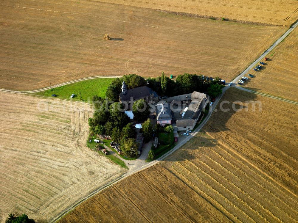 Niedermendig from the bird's eye view: The Sanctuary Frauenkirch wid first documented in 1279. The church is located outside of town. The Sanctuary is a multi-part complex of buildings surrounded by trees and surrounded by farmland
