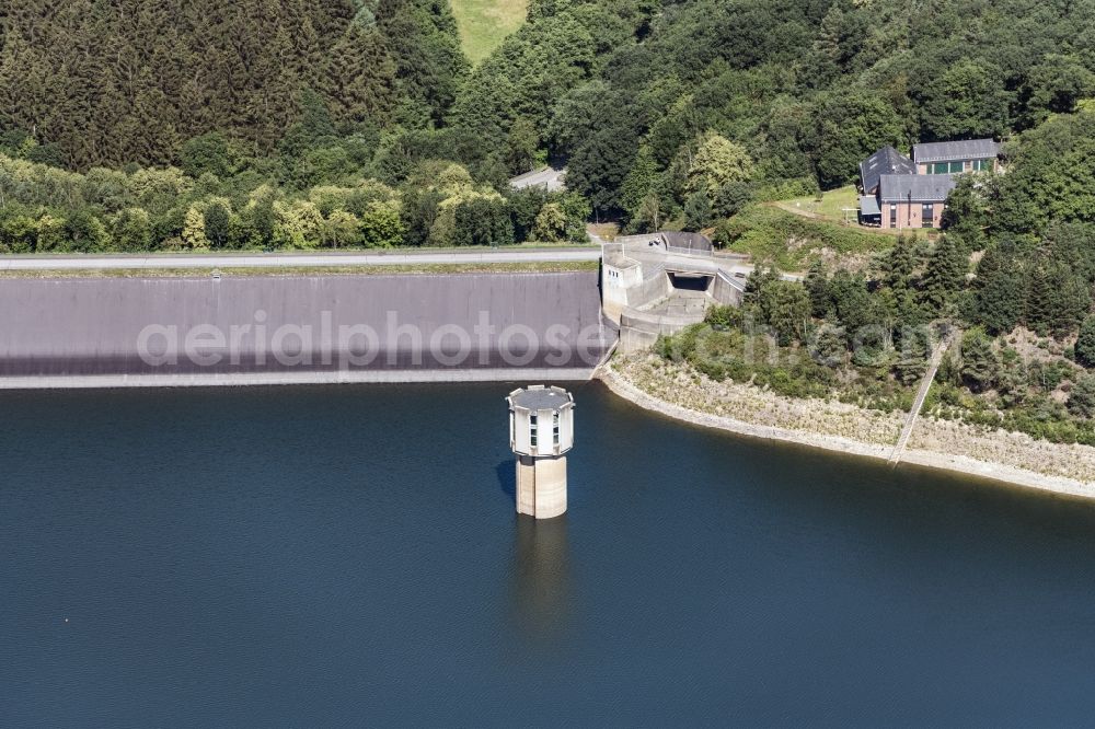 Aerial photograph Stolberg (Rheinland) - The Wehebach valley lock in the Stolberg region of the state of North Rhine-Westphalia. The dam and barrage fixe is located between the communities of Huertgenwald and Stolberg. It was built in 1983 for flood protetction and drinking water supply. The dam belongs to the water association of Wasserverband Eifel-Rur(WVER). The lake has three arms, watersports are forbidden on site