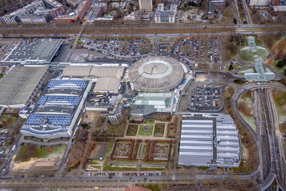 Dortmund from above - The Westfalenhallen in Dortmund in the state of North Rhine-Westphalia. The trade show and exhibition halls, conference center and the event venues are trademarks of Dortmund