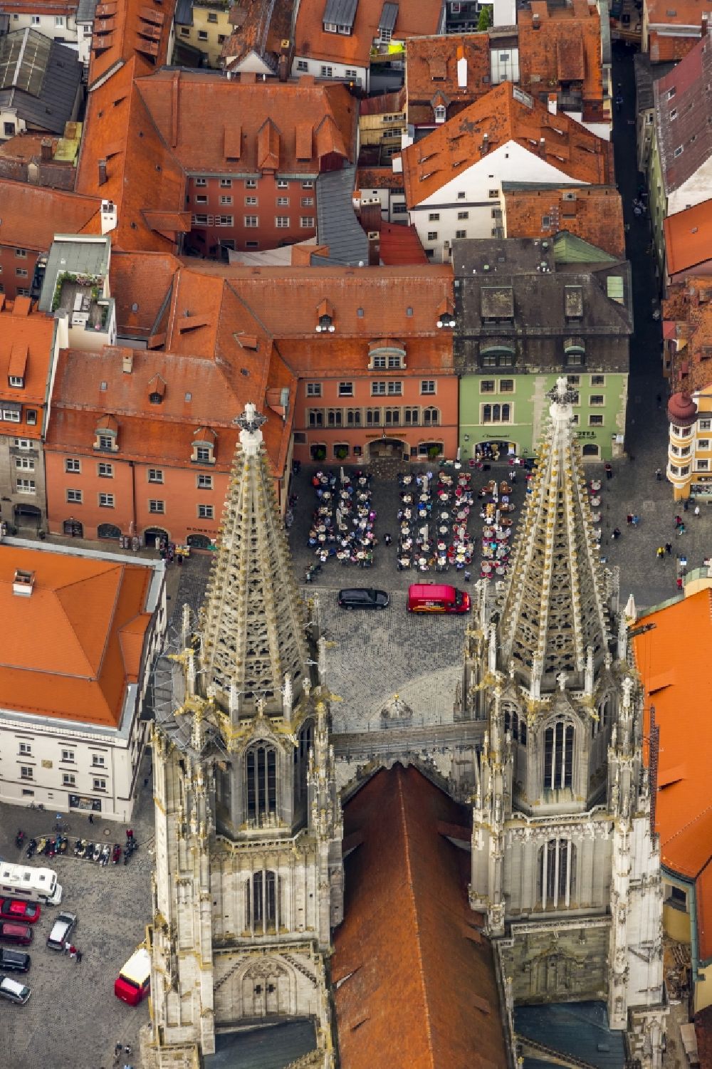 Aerial image Regensburg - Cathedral of St Peter in the center of the historic Old Town of Regensburg in Bavaria. bistum-regensburg.de