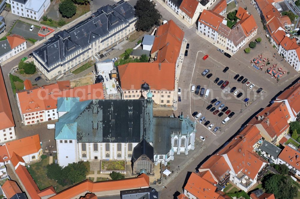 Aerial image Freiberg - Cathedral St. Marien of Freiberg and lower market in Freiberg in the state Saxony, Germany