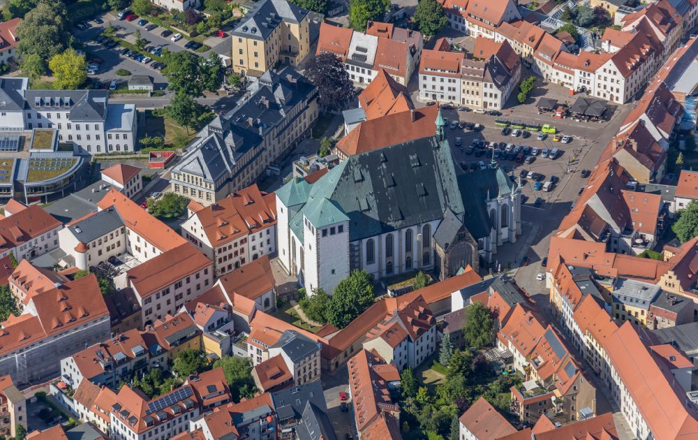 Freiberg from above - Cathedral St. Marien of Freiberg and lower market in Freiberg in the state Saxony, Germany