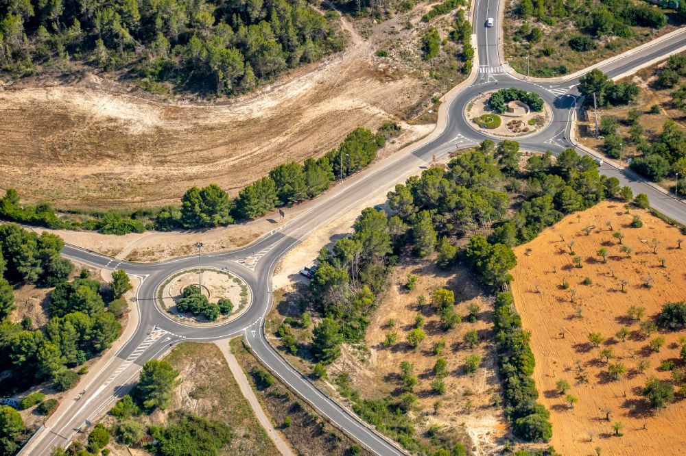 Aerial photograph Calvia - Traffic management of the double roundabout road auf of Carrer of Capdella in Calvia in Balearische Insel Mallorca, Spain