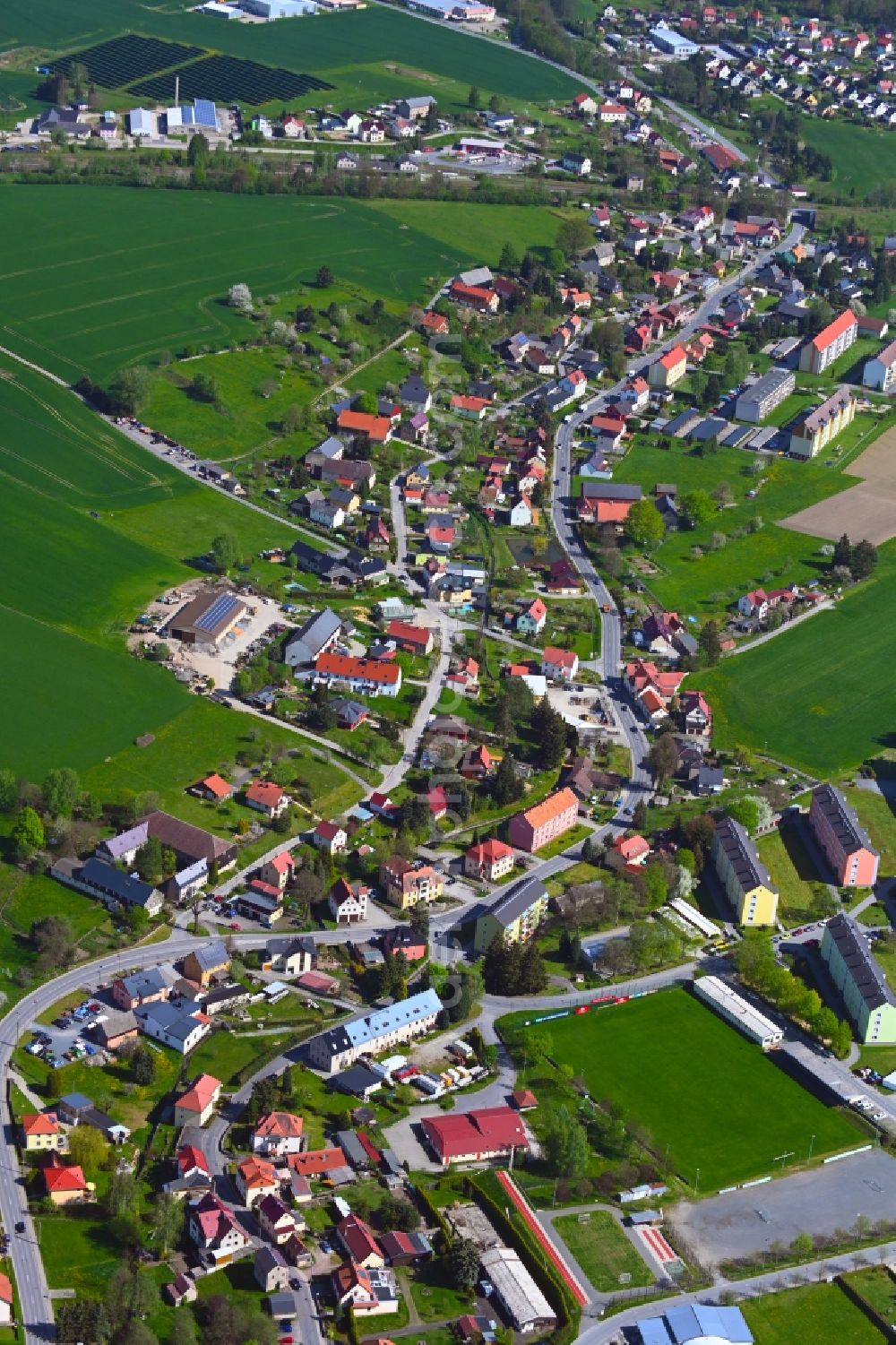 Dürrröhrsdorf-Dittersbach from above - Village view along Hauptstrasse in Duerrroehrsdorf-Dittersbach in the state Saxony, Germany