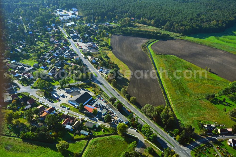 Nassenheide from the bird's eye view: Village - view along the Oranienburger Chaussee - B96 on the edge of forested areas in Nassenheide Loewenberger Land in the state Brandenburg, Germany