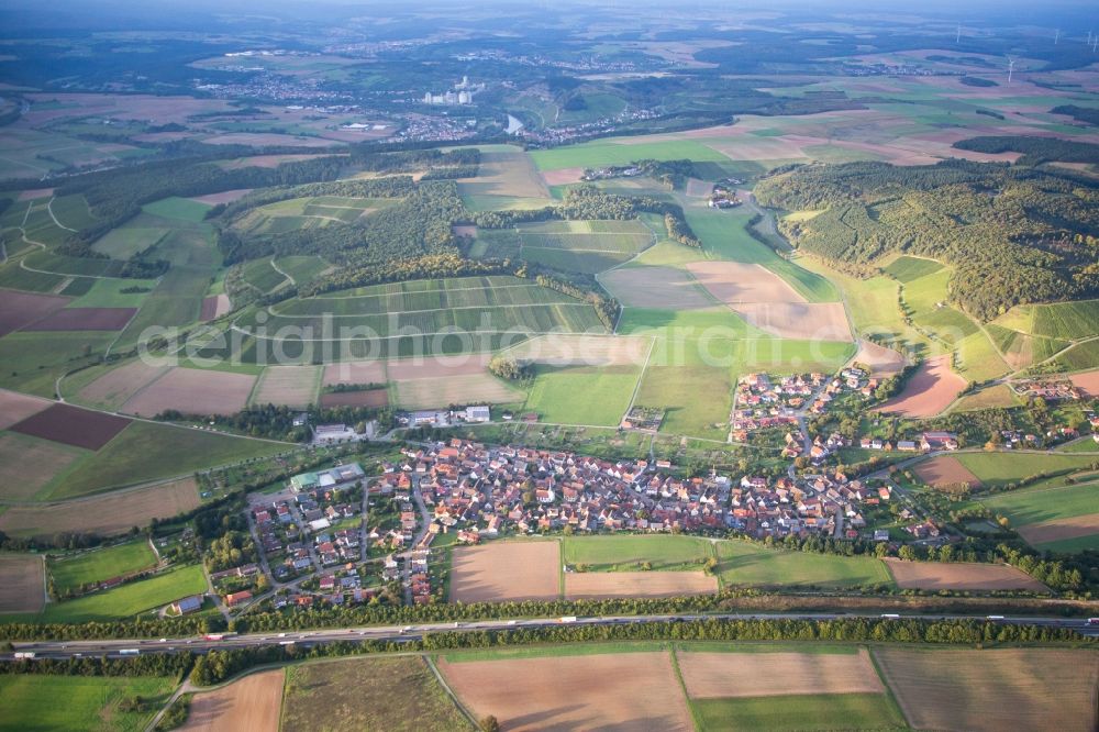 Aerial image Wertheim - Village - view behind motorway A3 on the edge of agricultural fields and farmland in the district Dertingen in Wertheim in the state Baden-Wuerttemberg