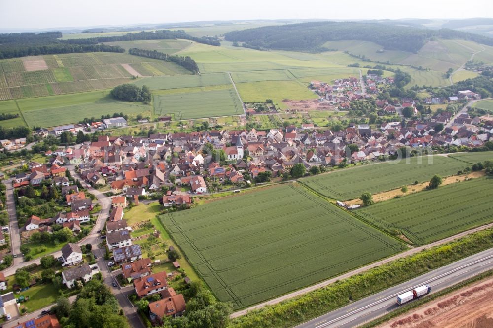 Wertheim from above - Village - view behind motorway A3 on the edge of agricultural fields and farmland in the district Dertingen in Wertheim in the state Baden-Wuerttemberg