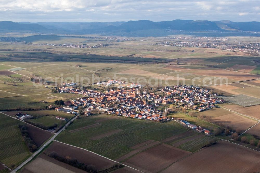 Impflingen from above - Village - view on the edge of agricultural fields and farmland in Impflingen in the state Rhineland-Palatinate, Germany