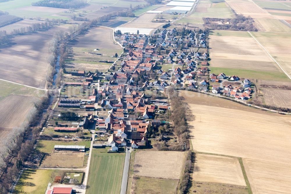 Aerial image Herxheimweyher - Village - view on the edge of agricultural fields and farmland in Herxheimweyher in the state Rhineland-Palatinate, Germany