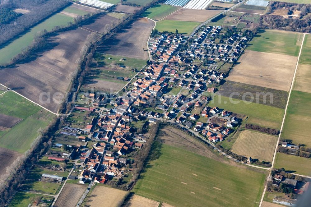 Aerial image Herxheimweyher - Village - view on the edge of agricultural fields and farmland in Herxheimweyher in the state Rhineland-Palatinate, Germany