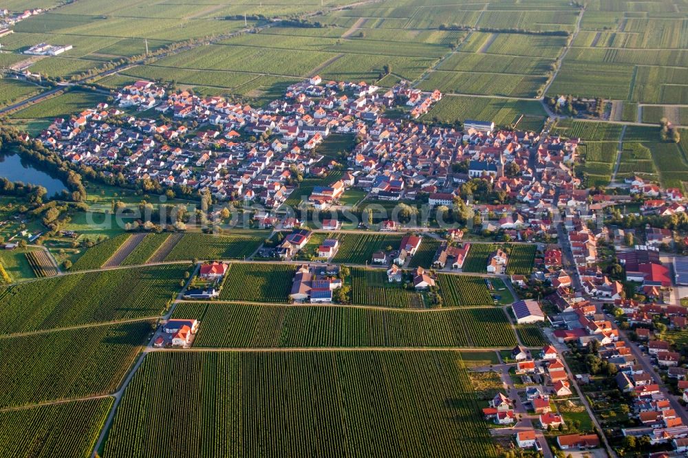 Aerial image Kirrweiler (Pfalz) - Village - view on the edge of agricultural fields and farmland in Kirrweiler (Pfalz) in the state Rhineland-Palatinate, Germany