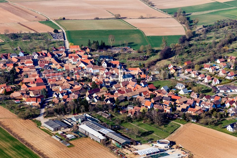 Aerial photograph Melsheim - Village - view on the edge of agricultural fields and farmland in Melsheim in Grand Est, France