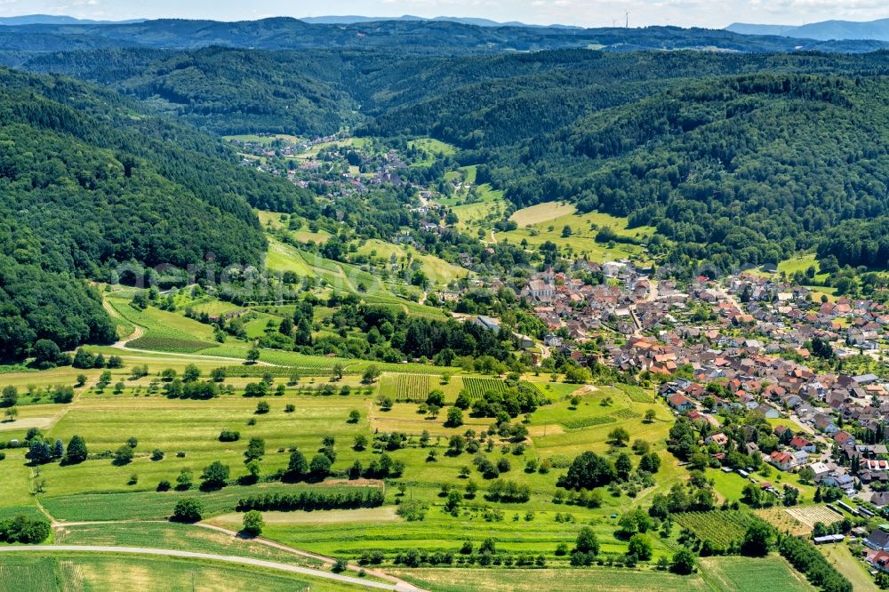 Münchweier from above - Village - view on the edge of agricultural fields and farmland in Muenchweier in the state Baden-Wurttemberg, Germany