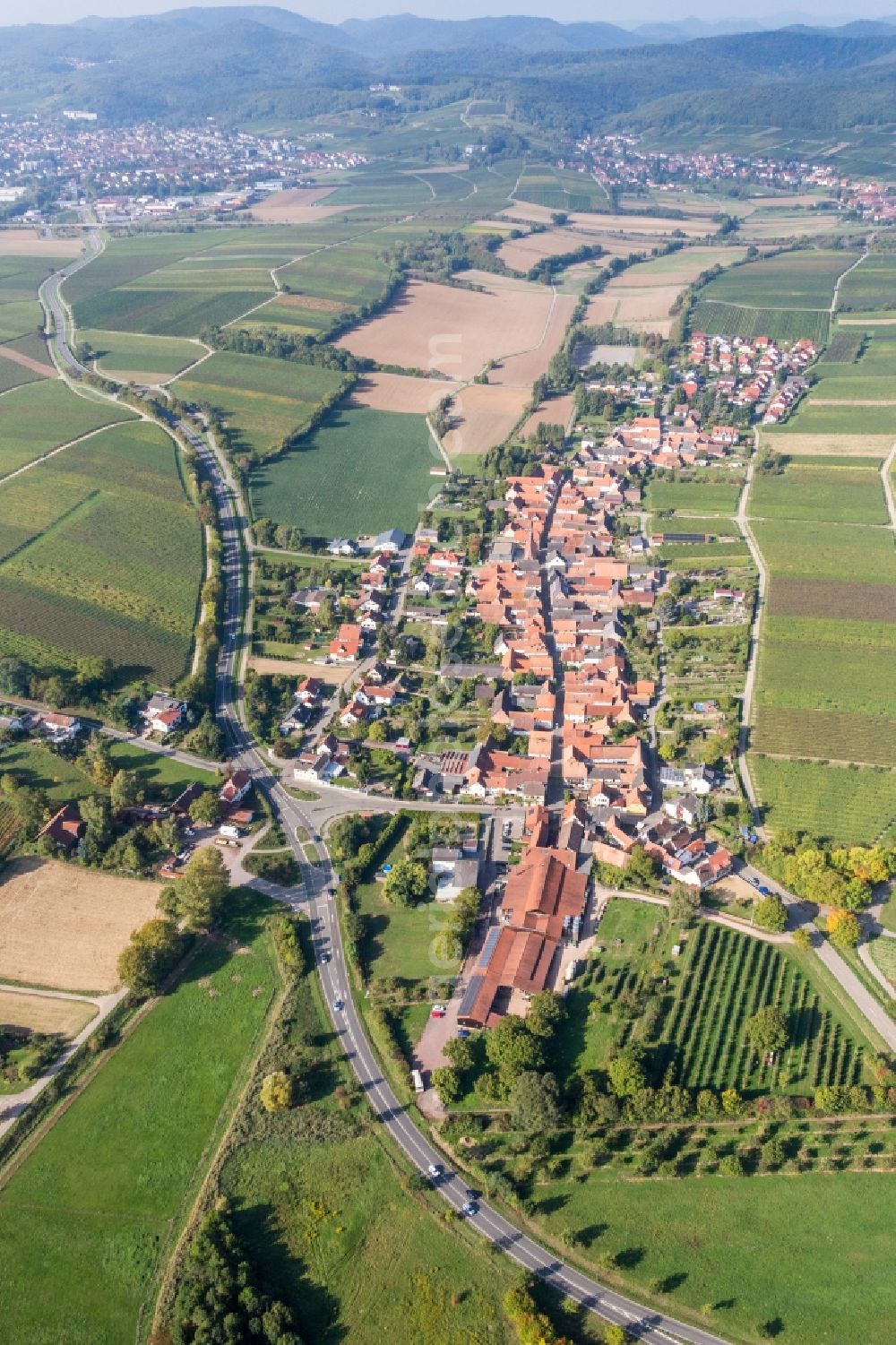 Aerial image Niederhorbach - Village - view on the edge of agricultural fields and farmland in Niederhorbach in the state Rhineland-Palatinate, Germany