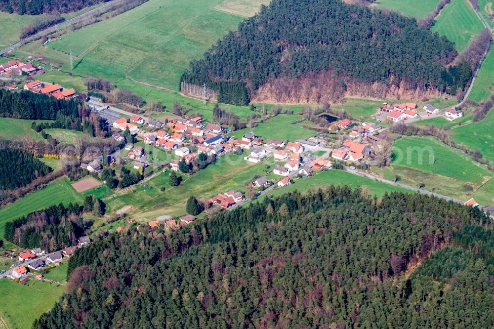 Aerial image Mossautal - Village - view on the edge of agricultural fields and farmland in the district Guettersbach in Mossautal in the state Hesse, Germany