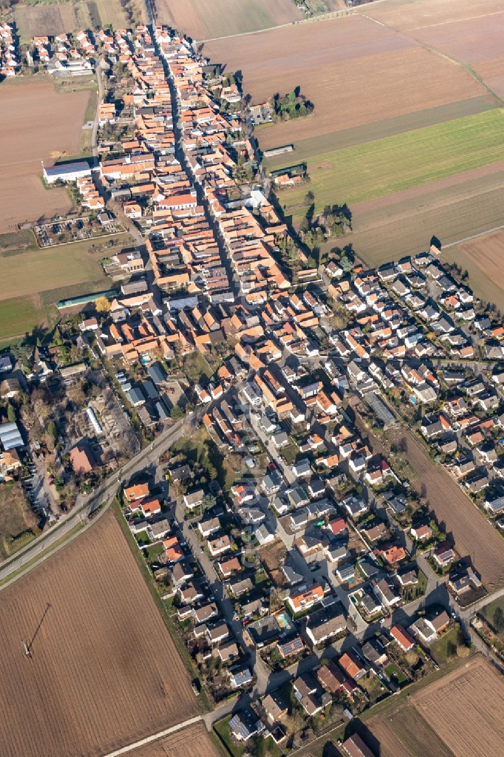Herxheim bei Landau (Pfalz) from above - Village - view on the edge of agricultural fields and farmland in the district Hayna in Herxheim bei Landau (Pfalz) in the state Rhineland-Palatinate, Germany