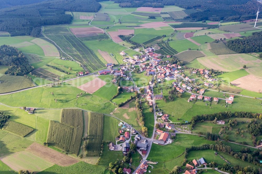 Mudau from the bird's eye view: Village - view on the edge of agricultural fields and farmland in the district Steinbach in Mudau in the state Baden-Wuerttemberg, Germany
