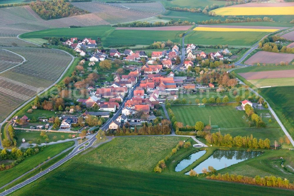 Oberschwarzach from above - Village - view on the edge of agricultural fields and farmland in the district Wiebelsberg in Oberschwarzach in the state Bavaria, Germany