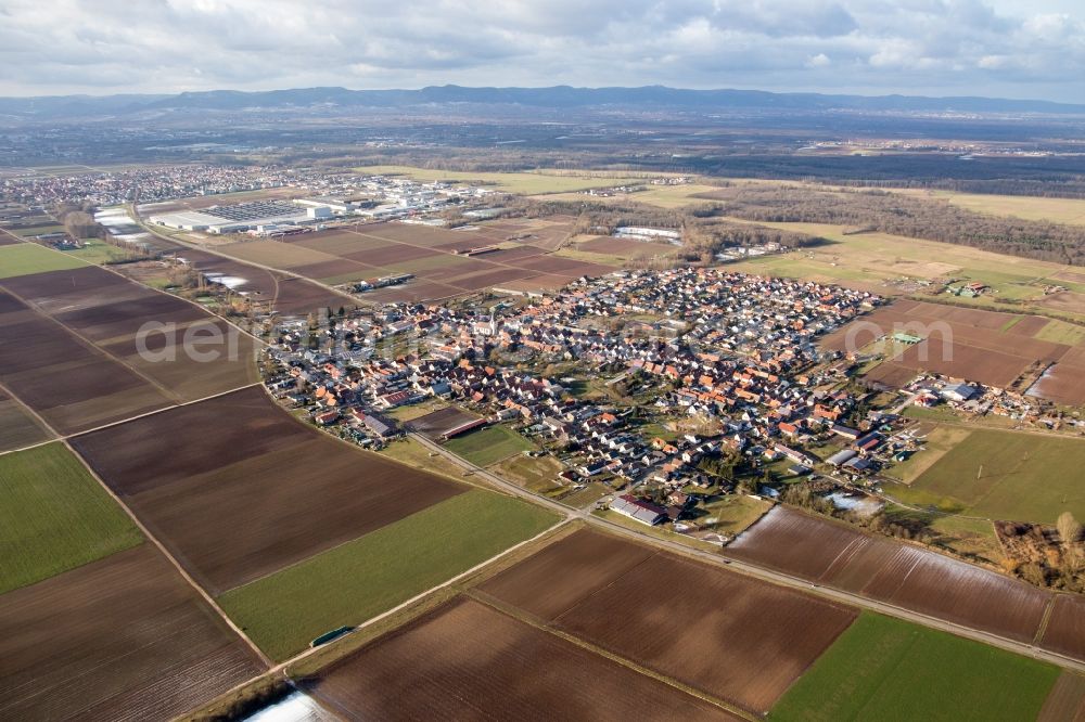 Ottersheim bei Landau from above - Village - view on the edge of agricultural fields and farmland in Ottersheim bei Landau in the state Rhineland-Palatinate, Germany