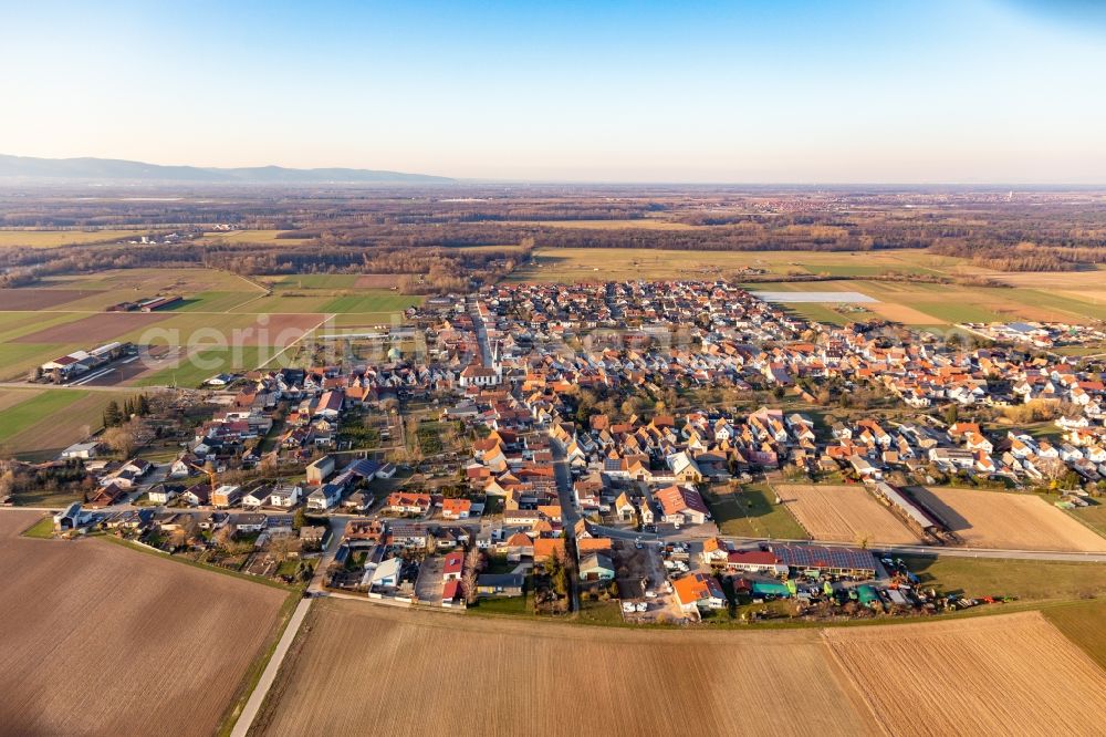 Aerial photograph Ottersheim bei Landau - Village - view on the edge of agricultural fields and farmland in Ottersheim bei Landau in the state Rhineland-Palatinate, Germany