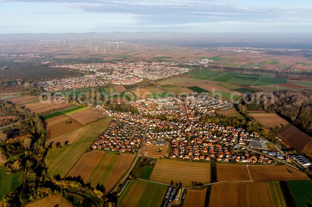 Kuhardt from above - Village - view on the edge of agricultural fields and farmland in front of Ruelzheim in Kuhardt in the state Rhineland-Palatinate, Germany