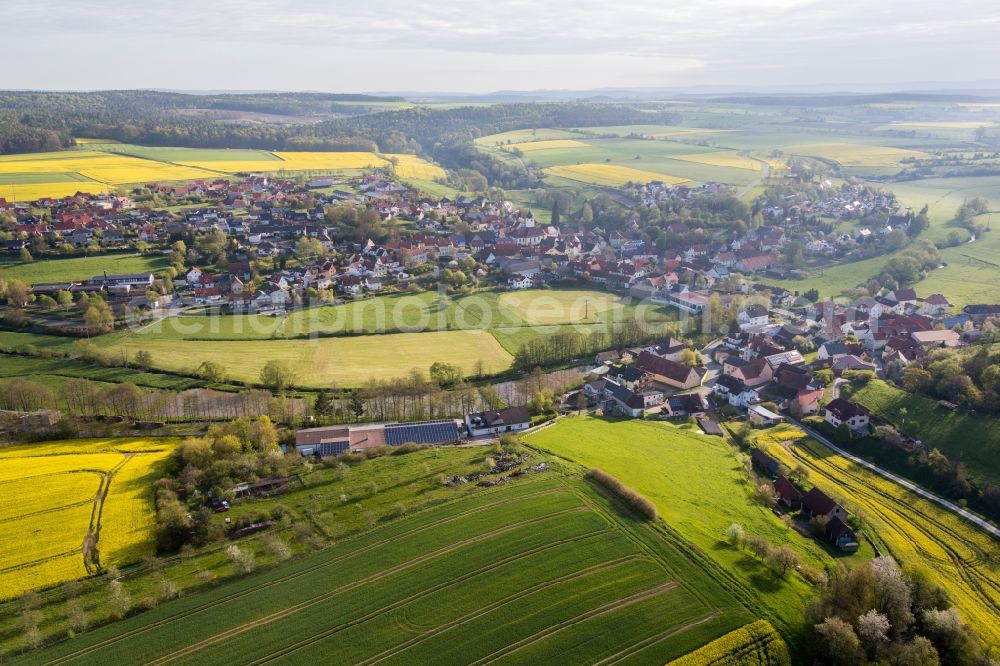 Aerial photograph Schönbrunn im Steigerwald - Village - view on the edge of agricultural fields and farmland in Schoenbrunn im Steigerwald in the state Bavaria, Germany