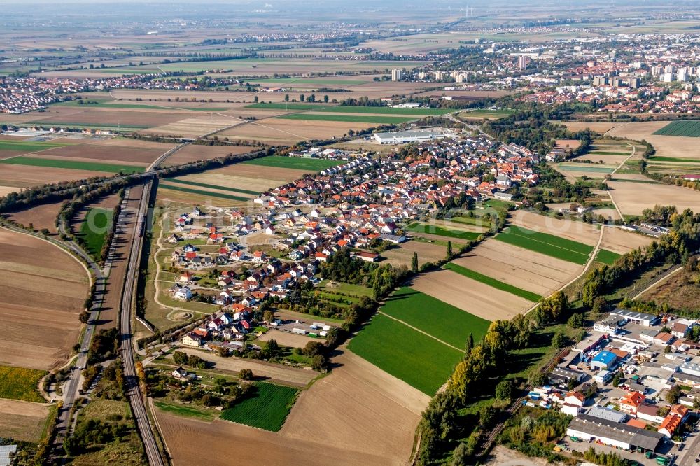 Studernheim from above - Village - view on the edge of agricultural fields and farmland in Studernheim in the state Rhineland-Palatinate, Germany