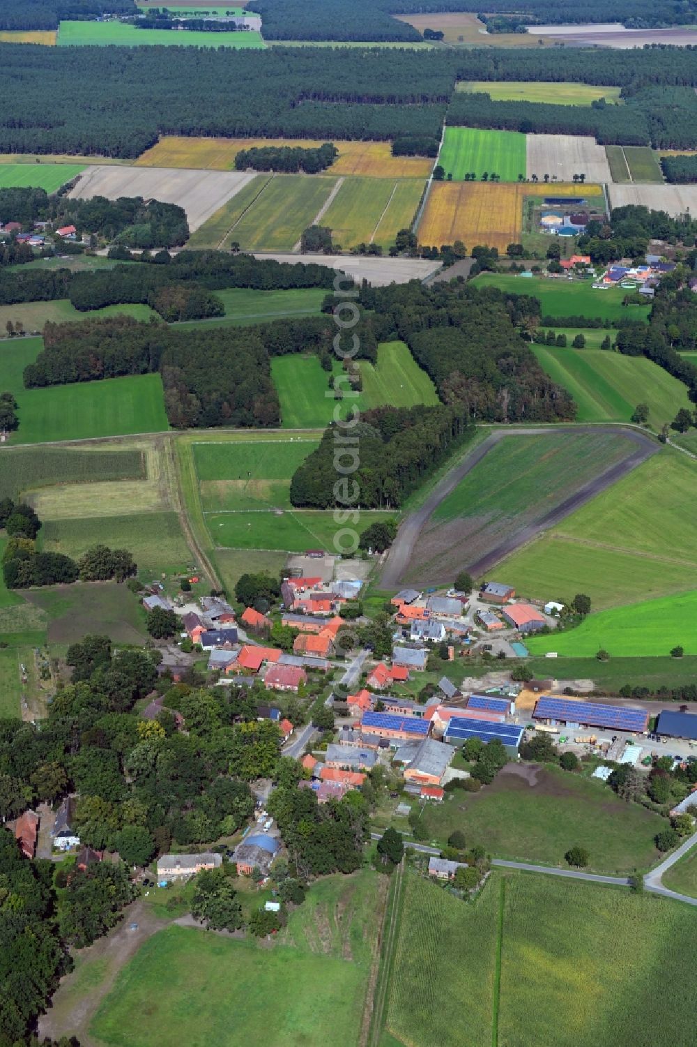 Teichlosen from the bird's eye view: Village - view on the edge of agricultural fields and farmland in Teichlosen in the state Lower Saxony, Germany