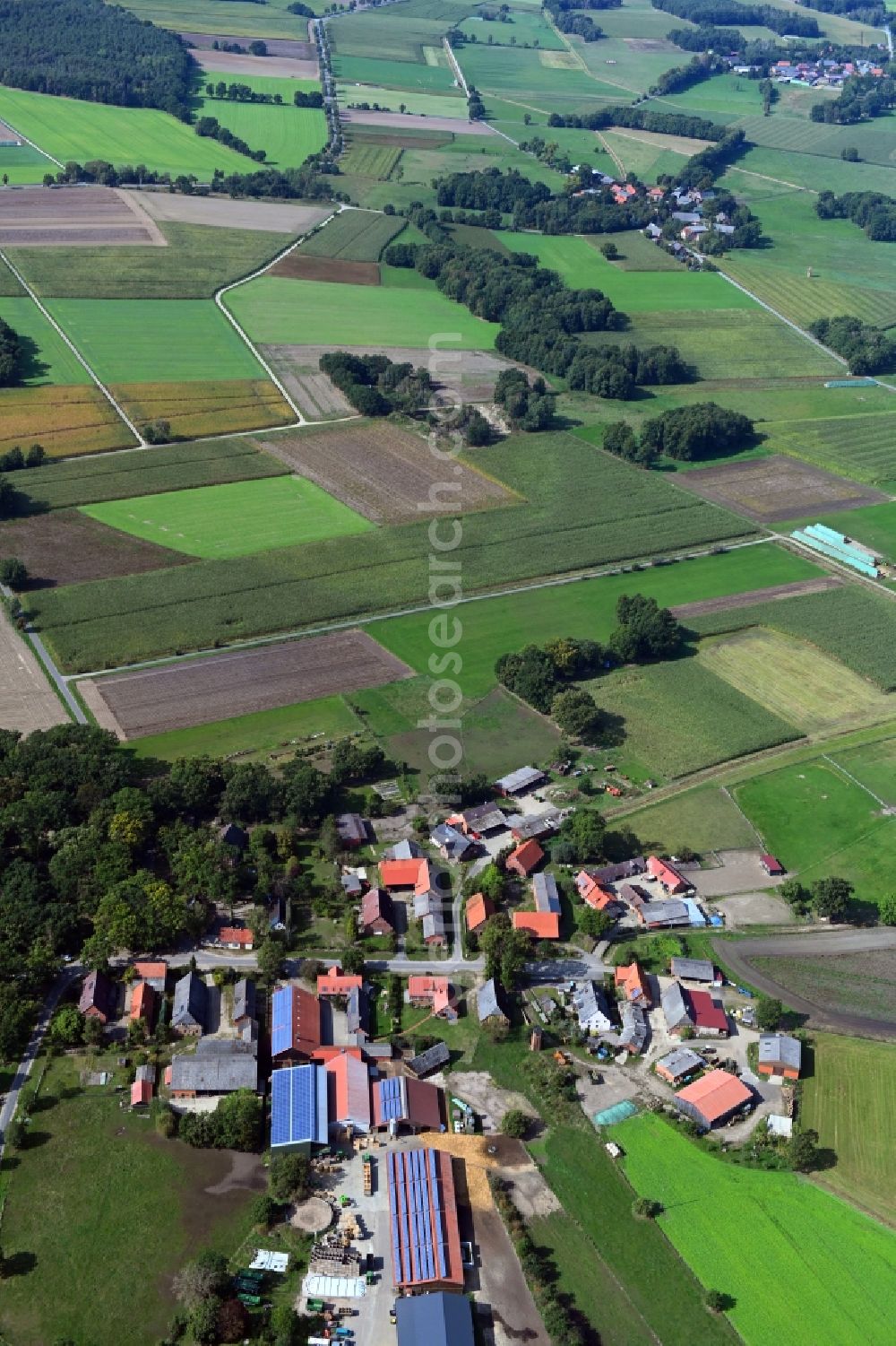 Teichlosen from above - Village - view on the edge of agricultural fields and farmland in Teichlosen in the state Lower Saxony, Germany
