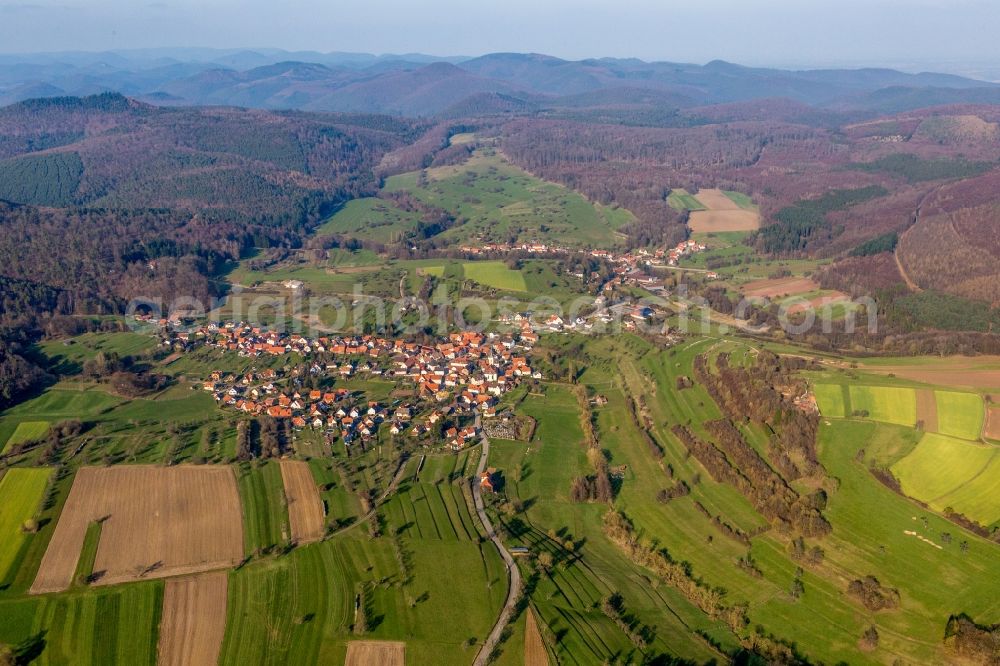 Aerial image Wingen - Village - view on the edge of agricultural fields and farmland in Wingen in Grand Est, France