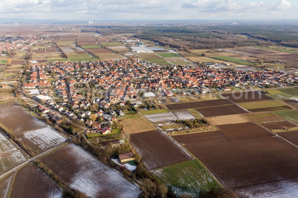 Zeiskam from above - Village - view on the edge of agricultural fields and farmland in Zeiskam in the state Rhineland-Palatinate, Germany