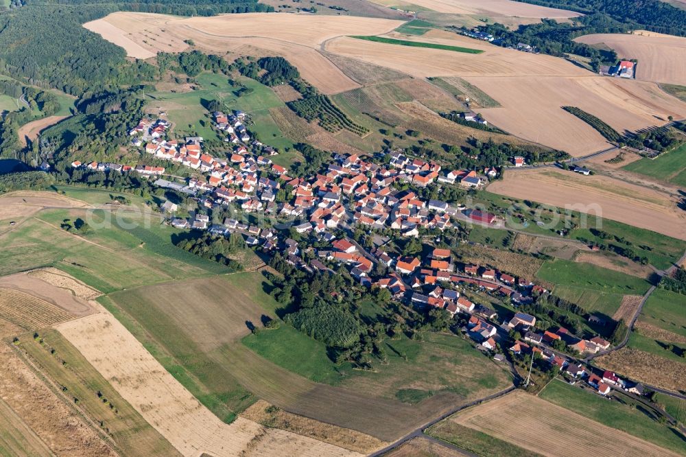 Aerial photograph Becherbach bei Meisenheim - Agricultural land and field borders surround the settlement area of the village in Becherbach bei Meisenheim in the state Rhineland-Palatinate, Germany