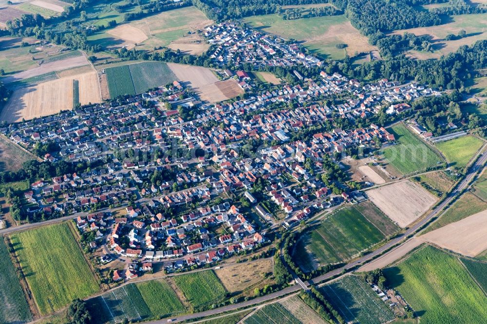 Aerial photograph Hanhofen - Agricultural land and field borders surround the settlement area of the village in Hanhofen in the state Rhineland-Palatinate, Germany