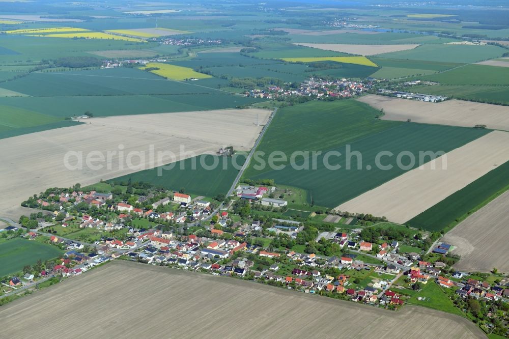 Naundorf from the bird's eye view: Agricultural land and field borders surround the settlement area of the village in Naundorf in the state Saxony, Germany