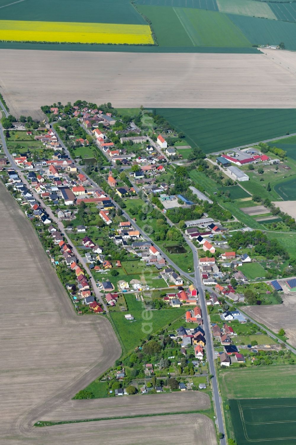 Aerial photograph Naundorf - Agricultural land and field borders surround the settlement area of the village in Naundorf in the state Saxony, Germany