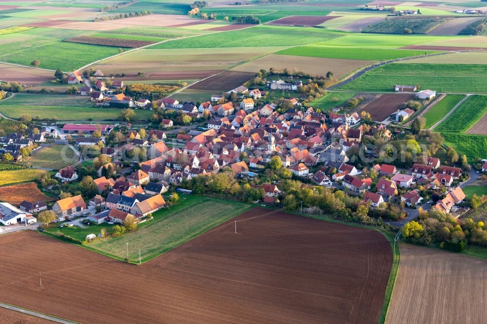 Aerial photograph Neuses a.Berg - Agricultural land and field borders surround the settlement area of the village in Neuses a.Berg in the state Bavaria, Germany