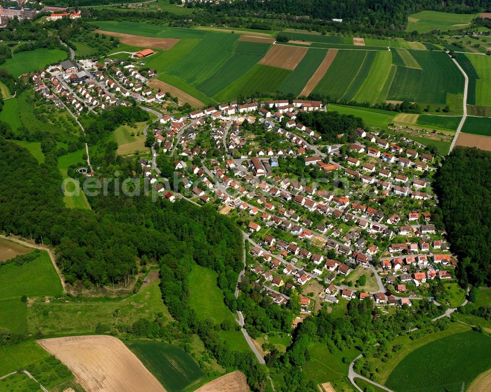 Backnang from the bird's eye view: Village - view on the edge of forested areas in Backnang in the state Baden-Wuerttemberg, Germany