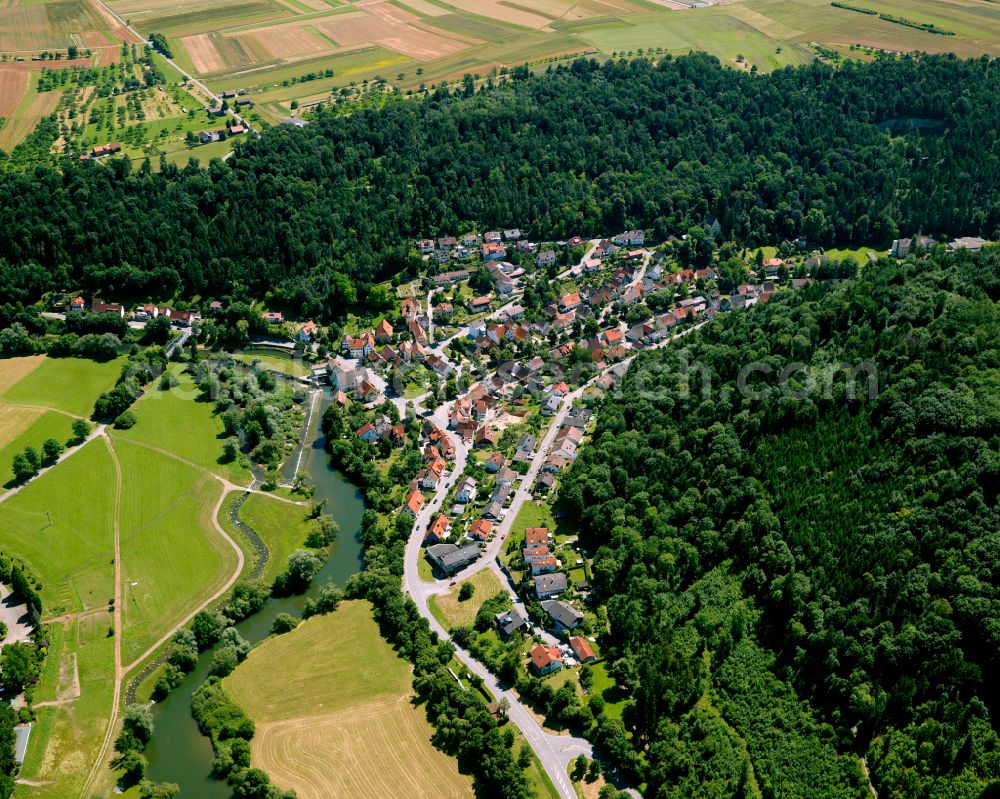 Bad Niedernau from the bird's eye view: Village - view on the edge of forested areas in Bad Niedernau in the state Baden-Wuerttemberg, Germany