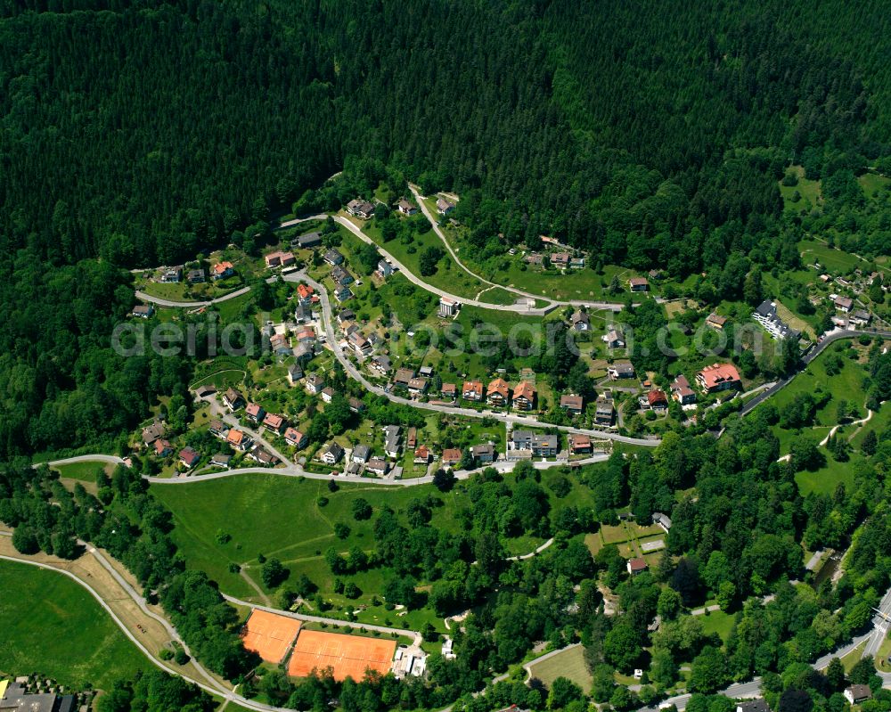 Bad Wildbad from the bird's eye view: Village - view on the edge of forested areas in Bad Wildbad in the state Baden-Wuerttemberg, Germany