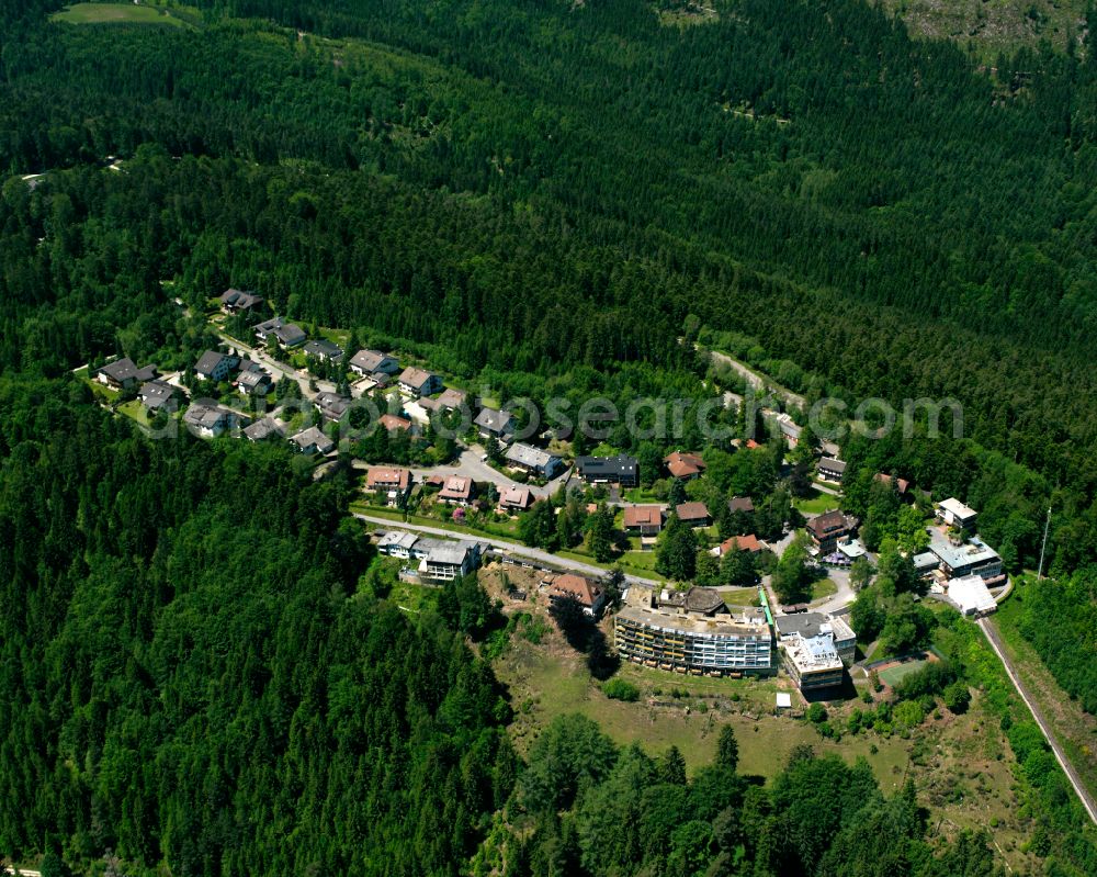 Bad Wildbad from the bird's eye view: Village - view on the edge of forested areas in Bad Wildbad in the state Baden-Wuerttemberg, Germany