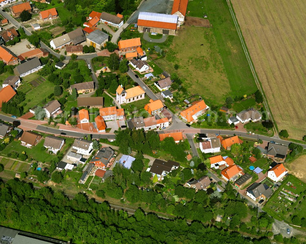 Calbecht from above - Village - view on the edge of forested areas in Calbecht in the state Lower Saxony, Germany