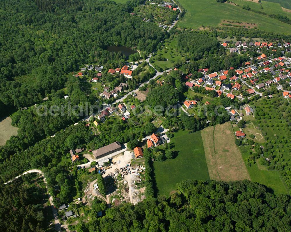 Drübeck from the bird's eye view: Village - view on the edge of forested areas in Drübeck in the state Saxony-Anhalt, Germany