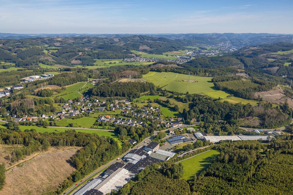 Friedlin from the bird's eye view: Village - view on the edge of forested areas on street Gruenenthal in Friedlin in the state North Rhine-Westphalia, Germany
