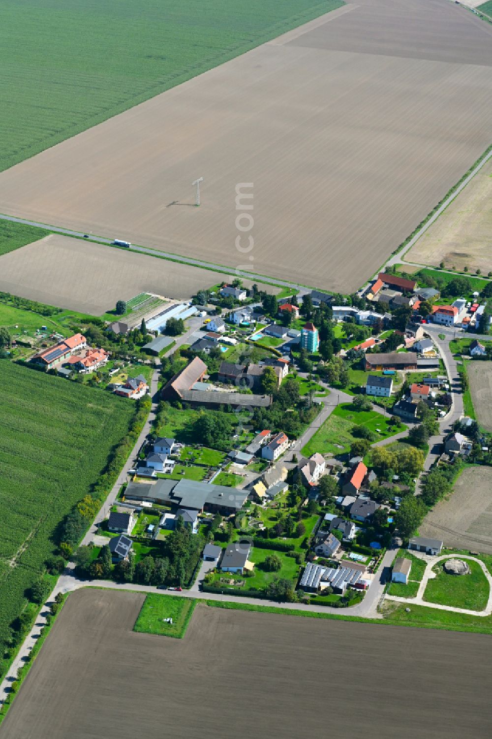 Günthersdorf from the bird's eye view: Village - view on the edge of forested areas in Günthersdorf in the state Saxony, Germany