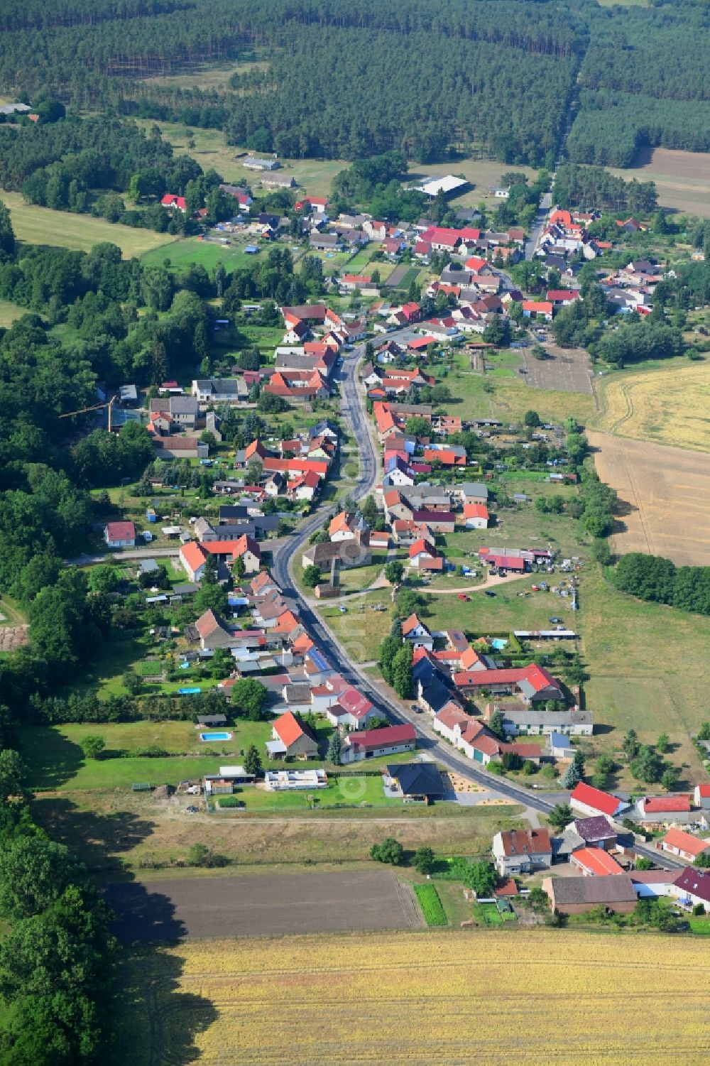 Gräben from above - Village - view on the edge of forested areas in Graeben in the state Brandenburg, Germany