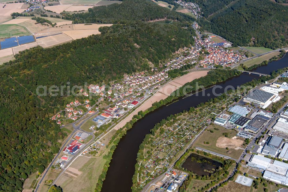 Hasloch from above - Village - view on the edge of forested areas in Hasloch in the state Bavaria, Germany